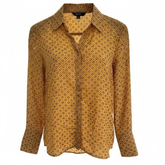 Jones Yellow & Blk Patterned Women’s S Buttoned Up Blouse w/wide Split Cuffs - Picture 2 of 8
